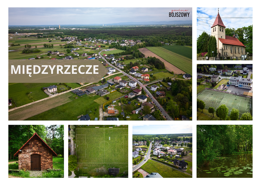 Kolaż zdjęć przedstawiający Międzyrzecze. Widok z lotu ptaka na miejscowość, 